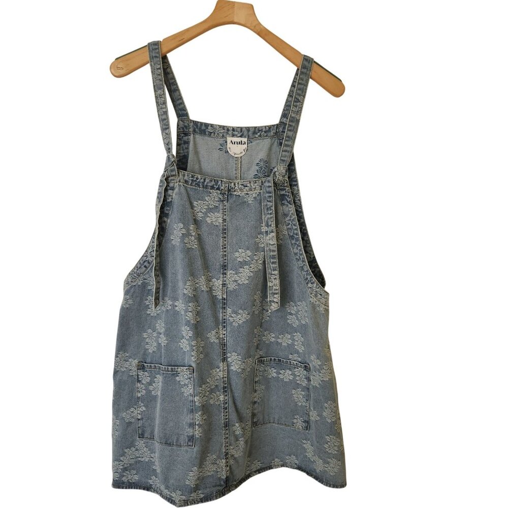 Arula Floral Embroidered Denim Skirtall Overall Apron Dress Summer Cottage Boho